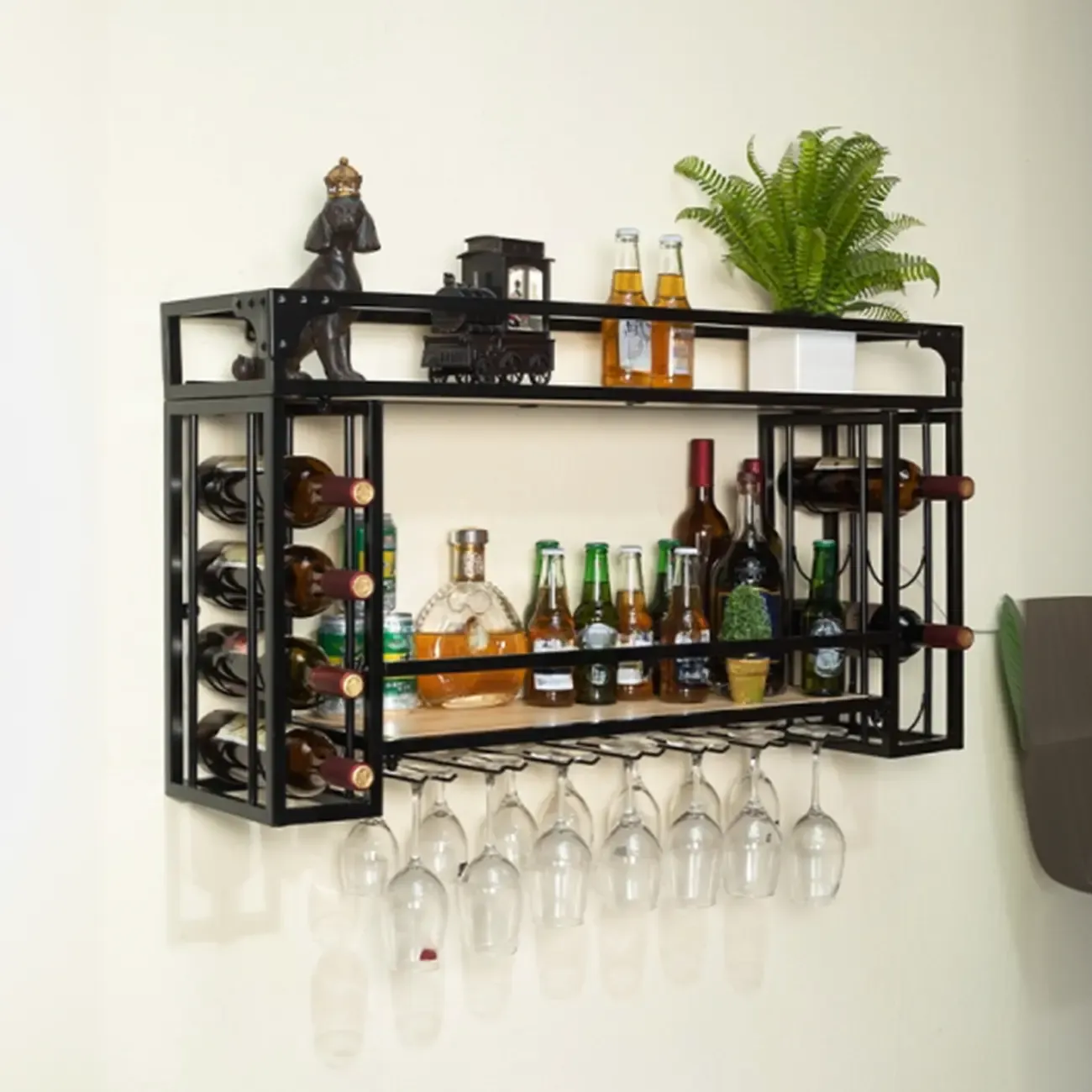 Steel Wall-Secured Wine Bottle & Glass Rack with Shelf Image - 6