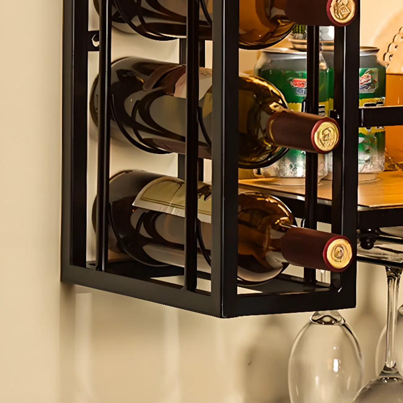 Steel Wall-Secured Wine Bottle & Glass Rack with Shelf Image - 9 | homeyfad