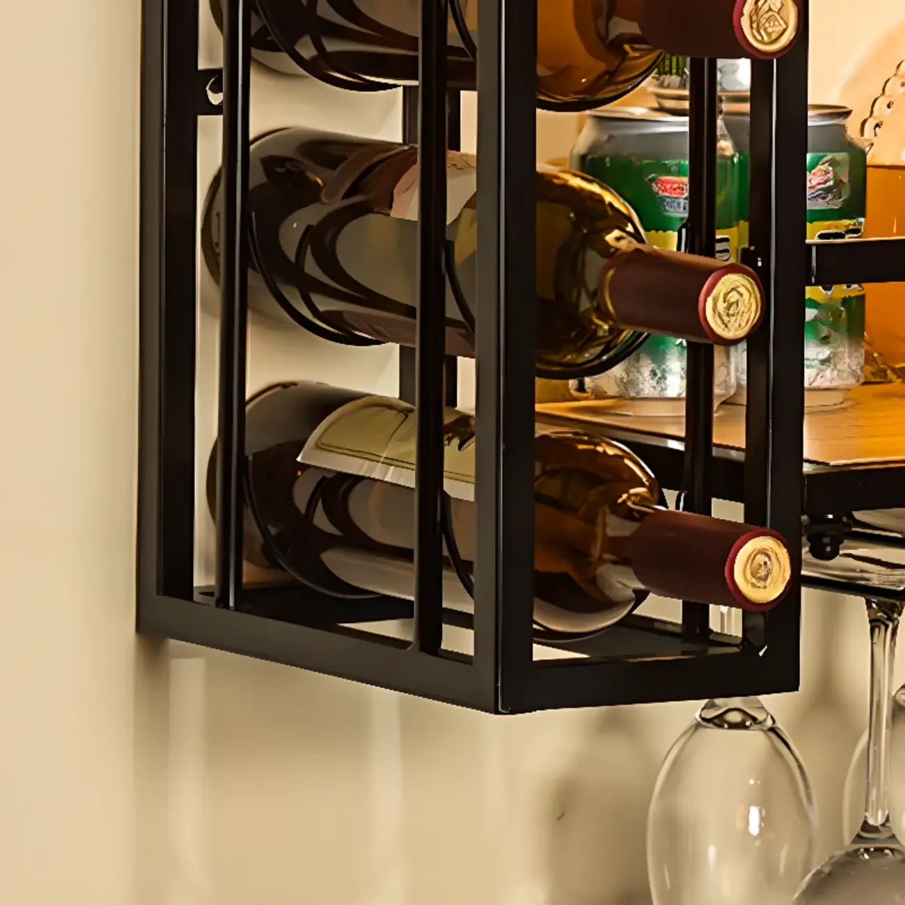 Steel Wall-Secured Wine Bottle & Glass Rack with Shelf Image - 9