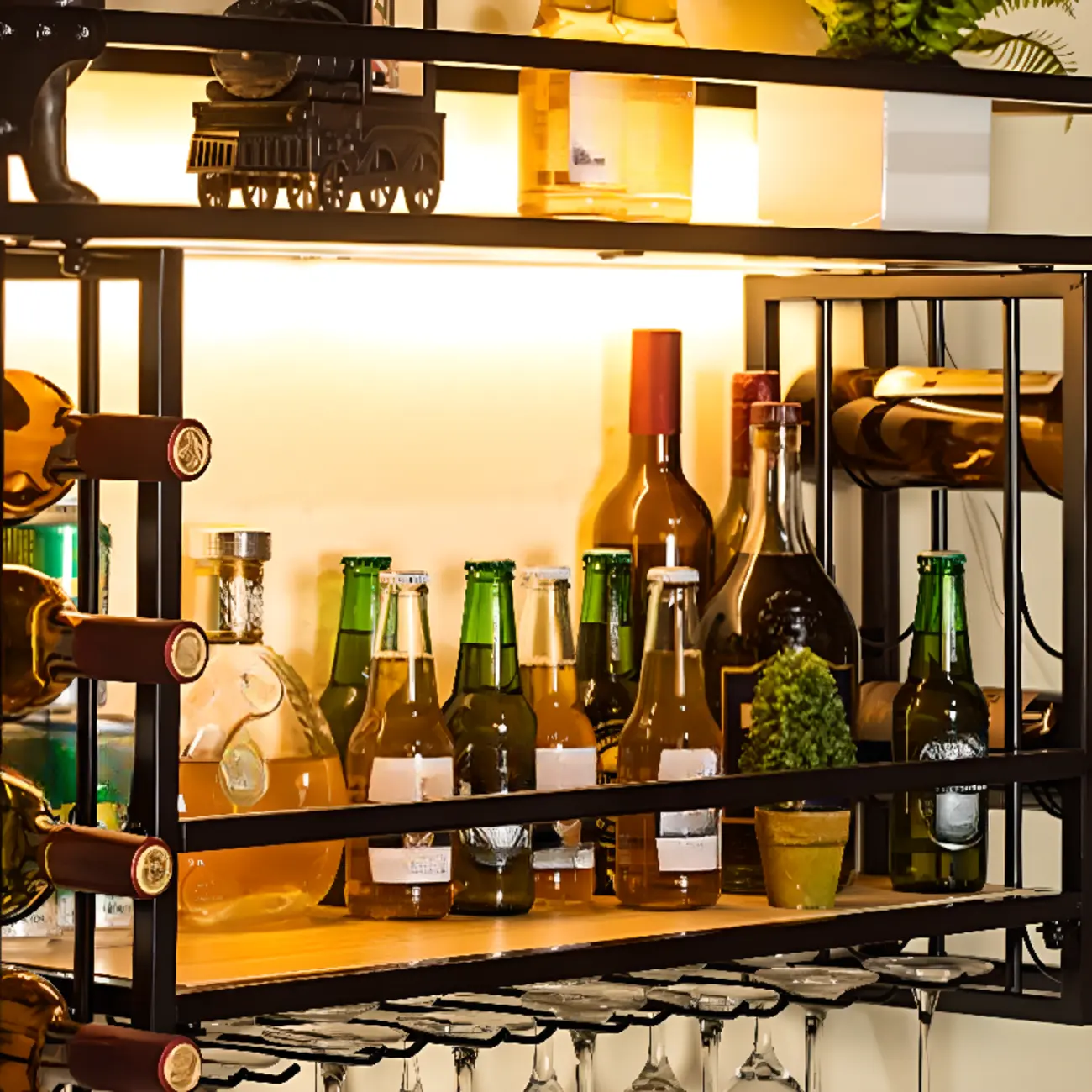 Steel Wall-Secured Wine Bottle & Glass Rack with Shelf Image - 11 | homeyfad