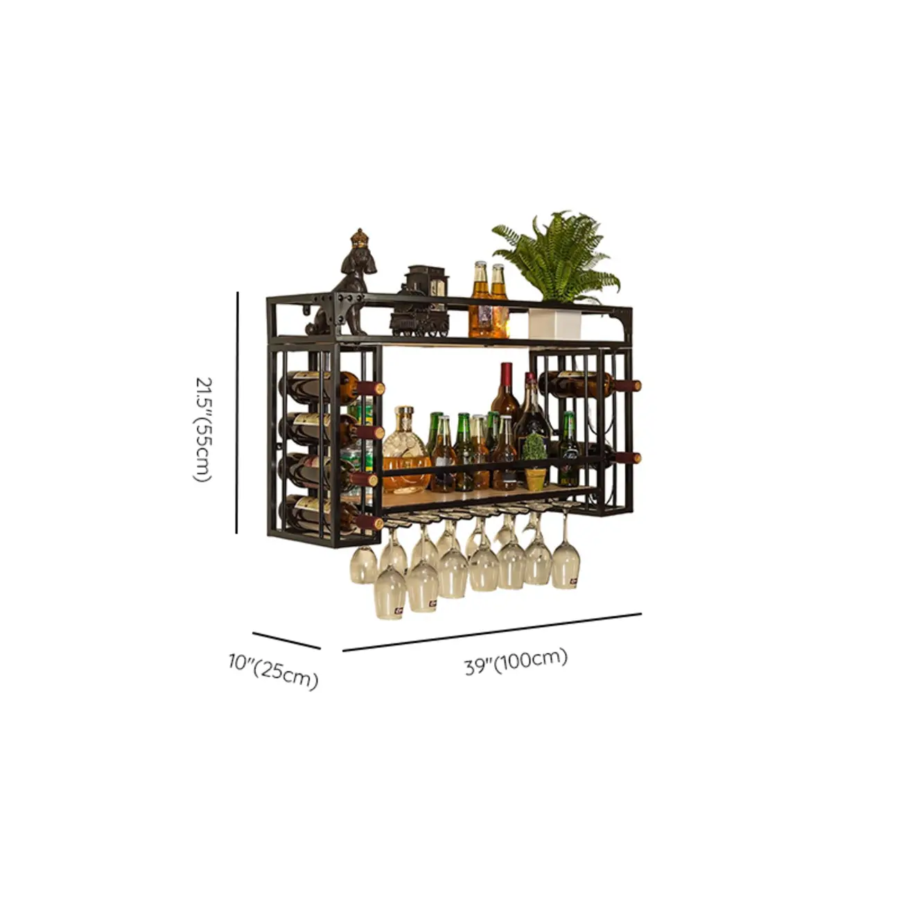 Steel Wall-Secured Wine Bottle & Glass Rack with Shelf Image - 13 | homeyfad
