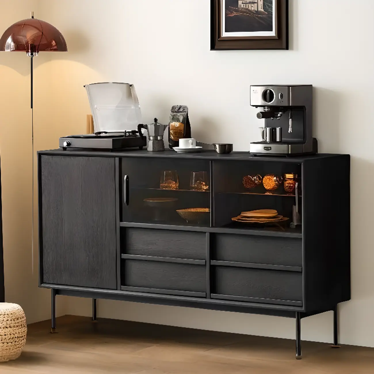 Sliding Door 4 Drawers Wood Black Sideboard Cabinet with Light Image - 1 | homeyfad
