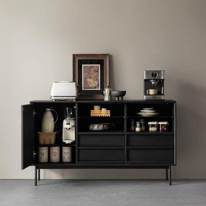 Sliding Door 4 Drawers Wood Black Sideboard Cabinet with Light