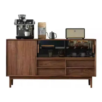 Sliding Door 4 Drawers Wood Black Sideboard Cabinet with Light Image - 6