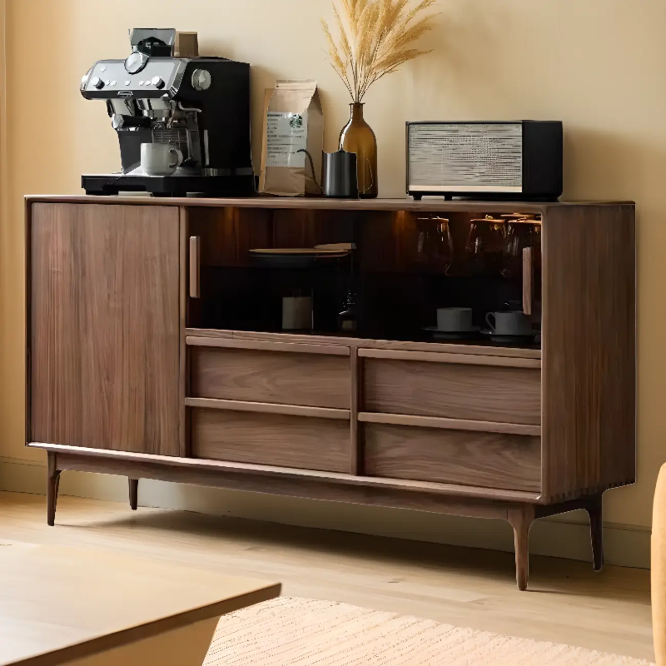 Sliding Door 4 Drawers Wood Black Sideboard Cabinet with Light Image - 3 | homeyfad