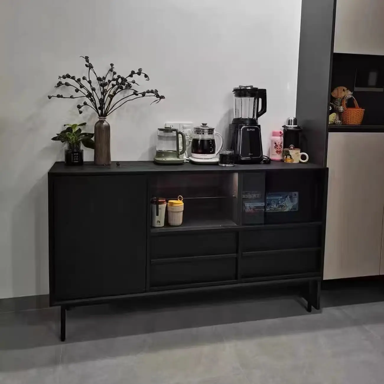 Sliding Door 4 Drawers Wood Black Sideboard Cabinet with Light Image - 4 | homeyfad