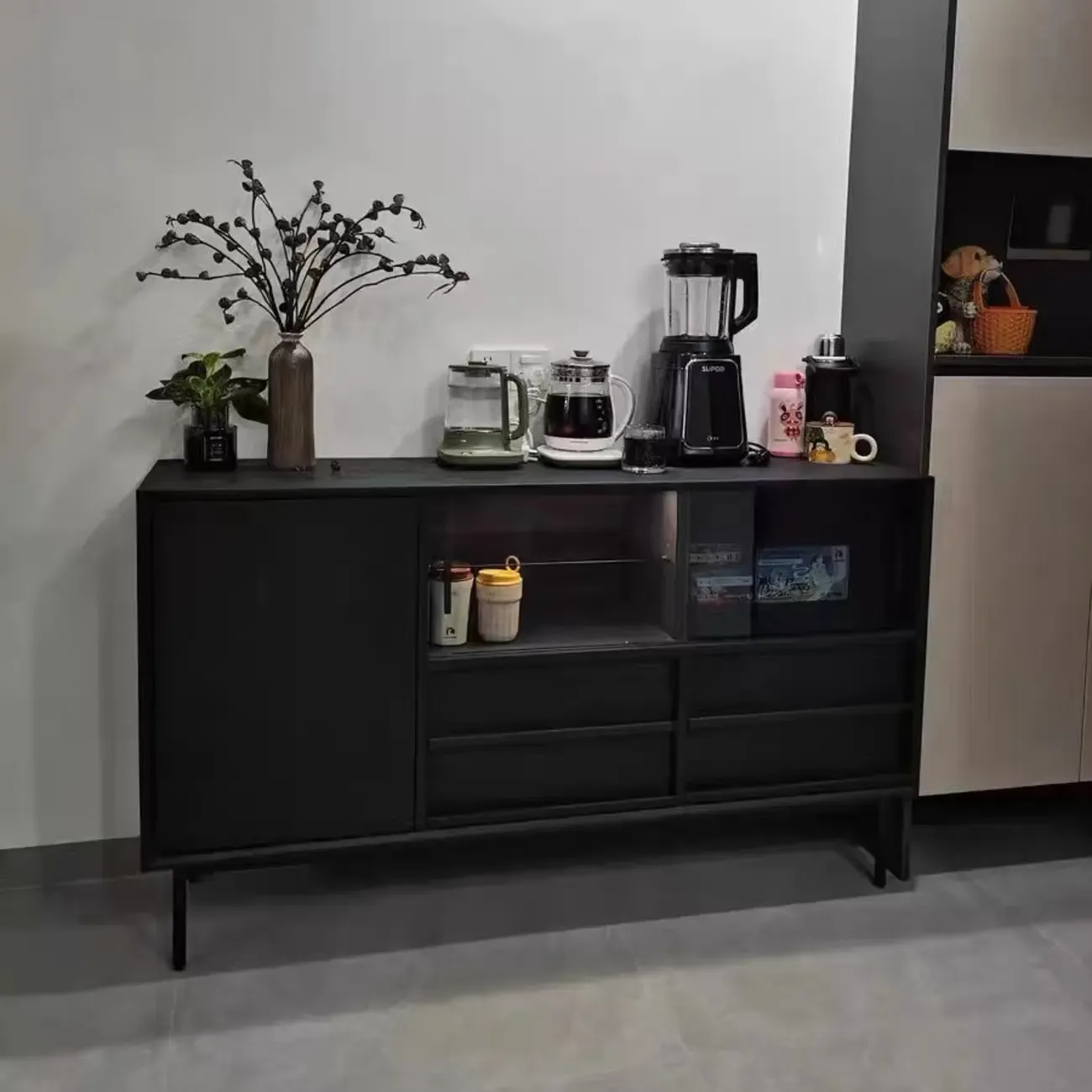 Sliding Door 4 Drawers Wood Black Sideboard Cabinet with Light Image - 4