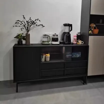 Sliding Door 4 Drawers Wood Black Sideboard Cabinet with Light Image - 4