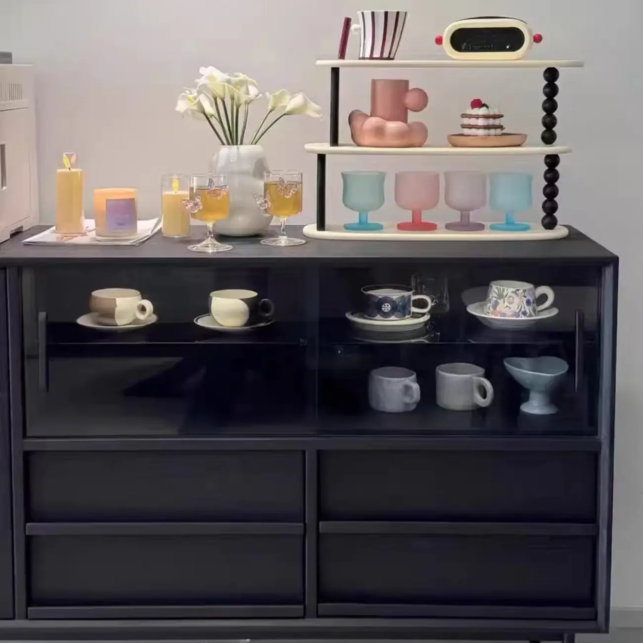 Sliding Door 4 Drawers Wood Black Sideboard Cabinet with Light Image - 5