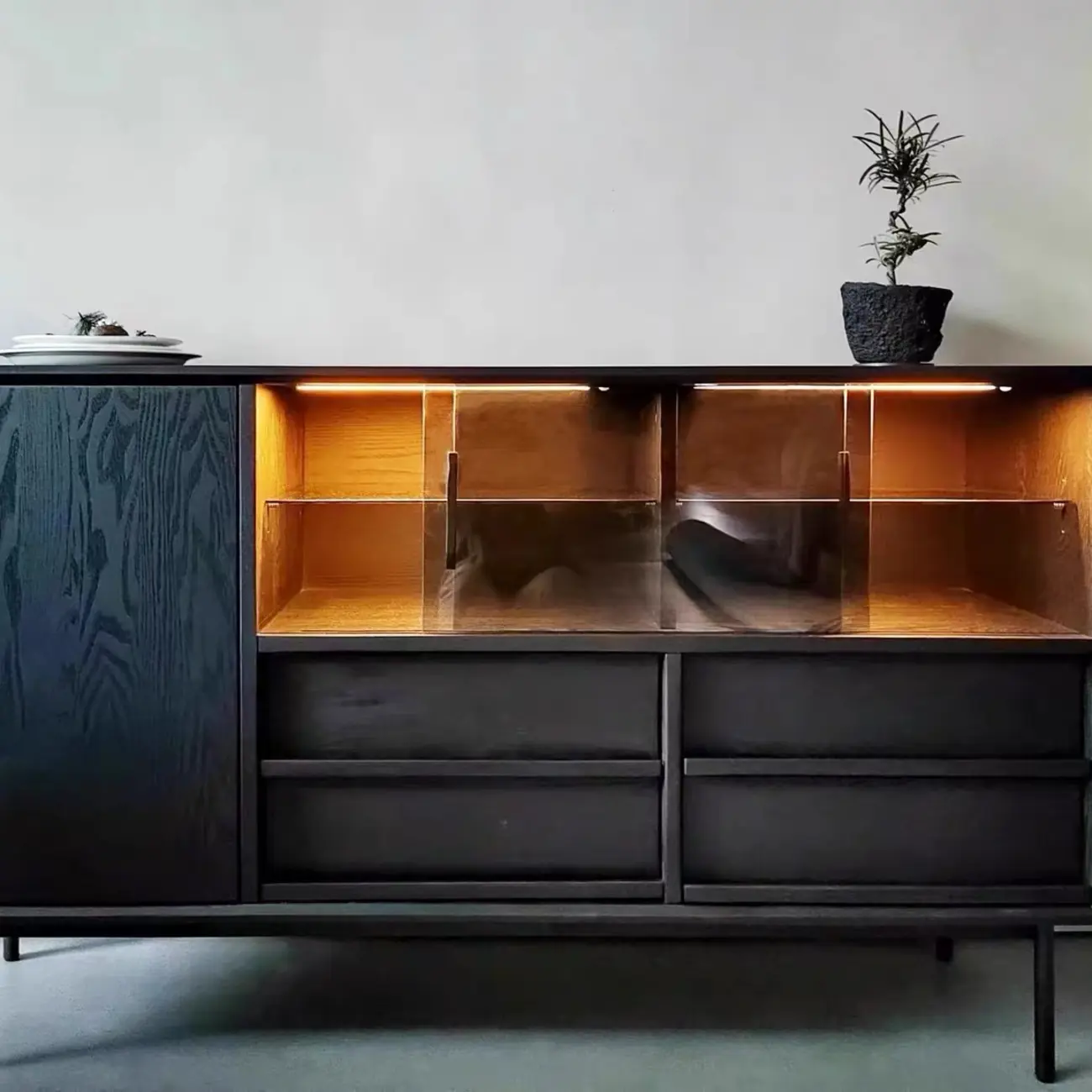 Sliding Door 4 Drawers Wood Black Sideboard Cabinet with Light Image - 7 | homeyfad