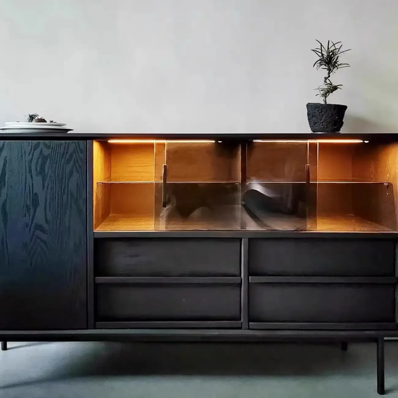 Sliding Door 4 Drawers Wood Black Sideboard Cabinet with Light Image - 7