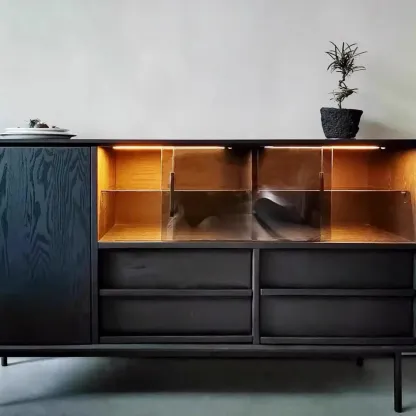 Sliding Door 4 Drawers Wood Black Sideboard Cabinet with Light Image - 7