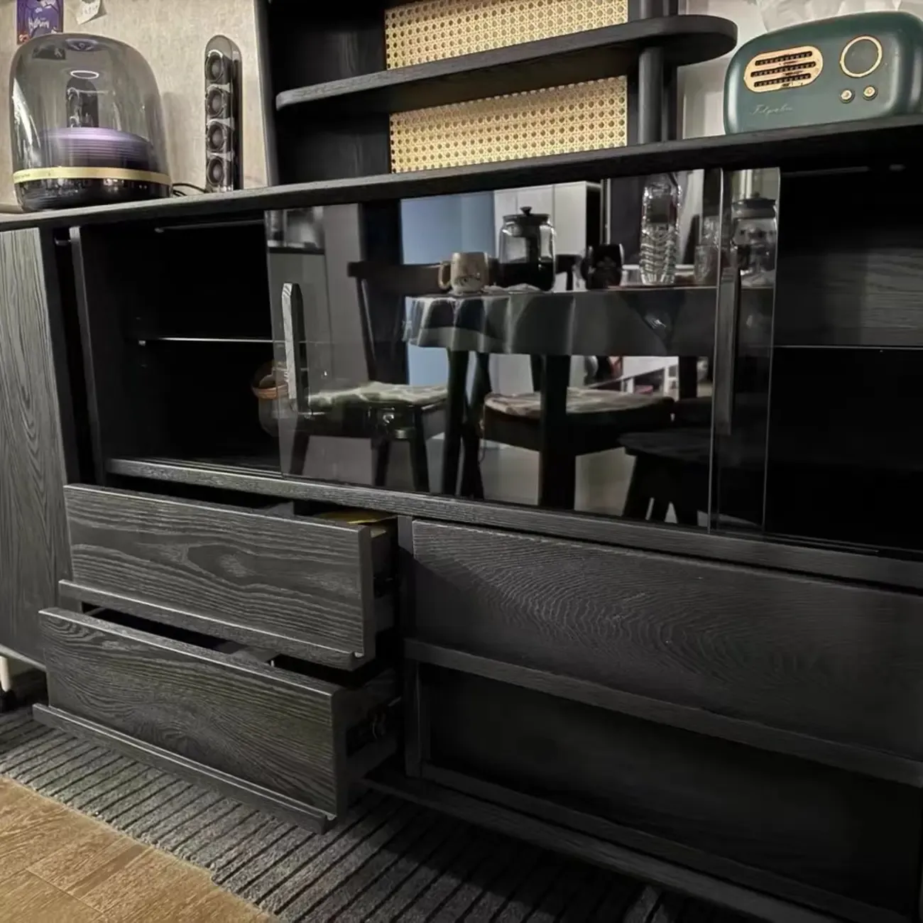 Sliding Door 4 Drawers Wood Black Sideboard Cabinet with Light Image - 8