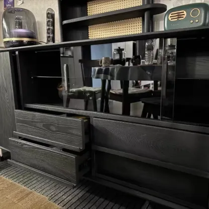 Sliding Door 4 Drawers Wood Black Sideboard Cabinet with Light Image - 8