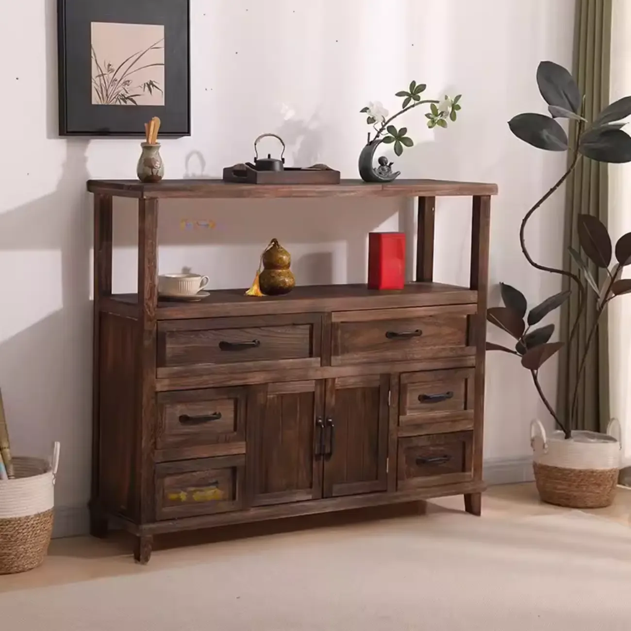 Rustic Storage Wooden Sideboard with Multi Drawers Image - 13