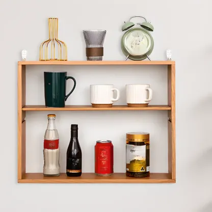 Natural Finish Wooden 2 Shelves Wall-Mounted Display Cabinet Image - 1