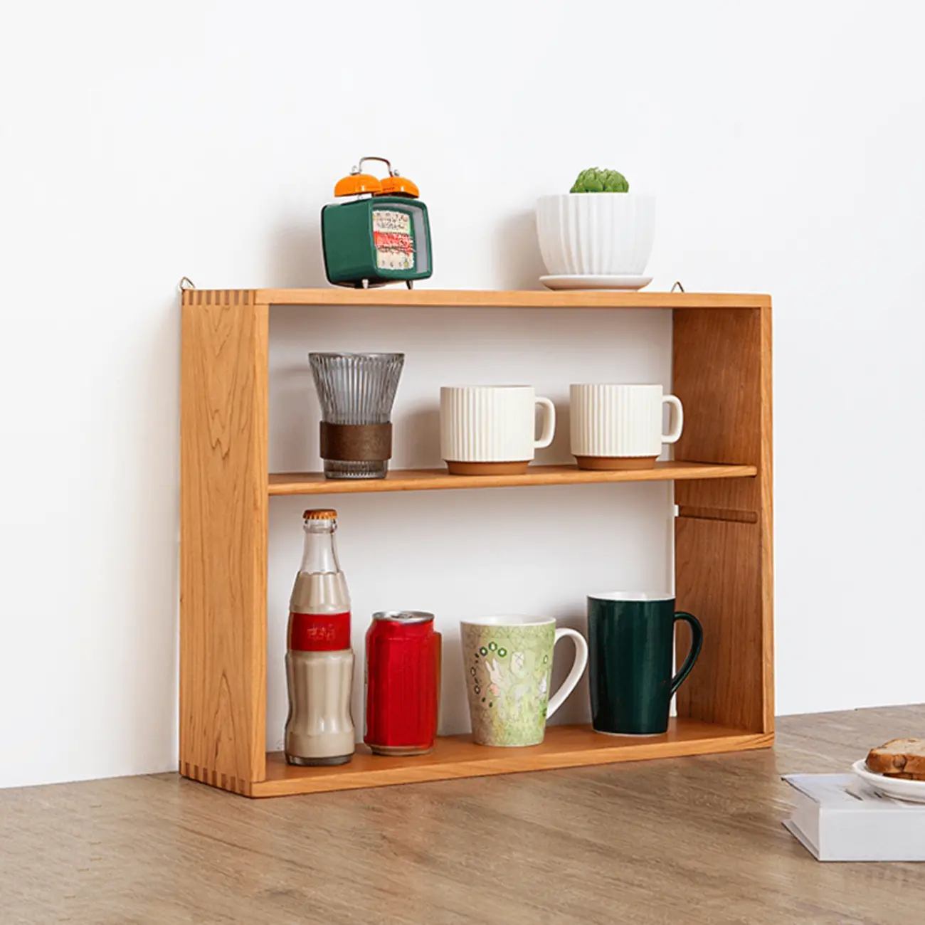 Natural Finish Wooden 2 Shelves Wall-Mounted Display Cabinet Image - 3 | homeyfad