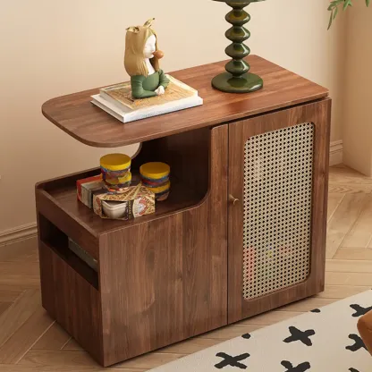 Modern Walnut Wood Rectangular Wheel Side Table Image - 1