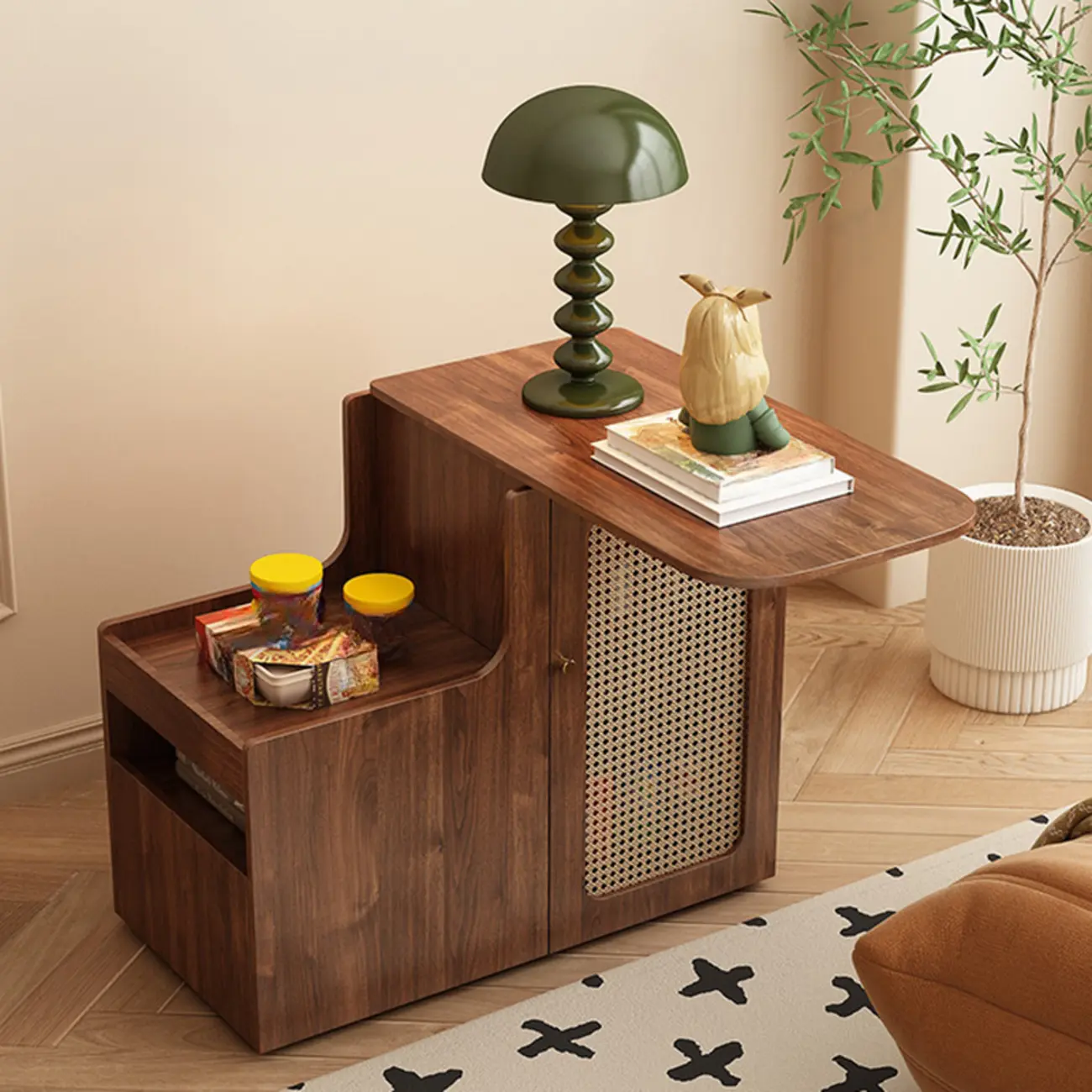 Modern Walnut Wood Rectangular Wheel Side Table Image - 4 | homeyfad