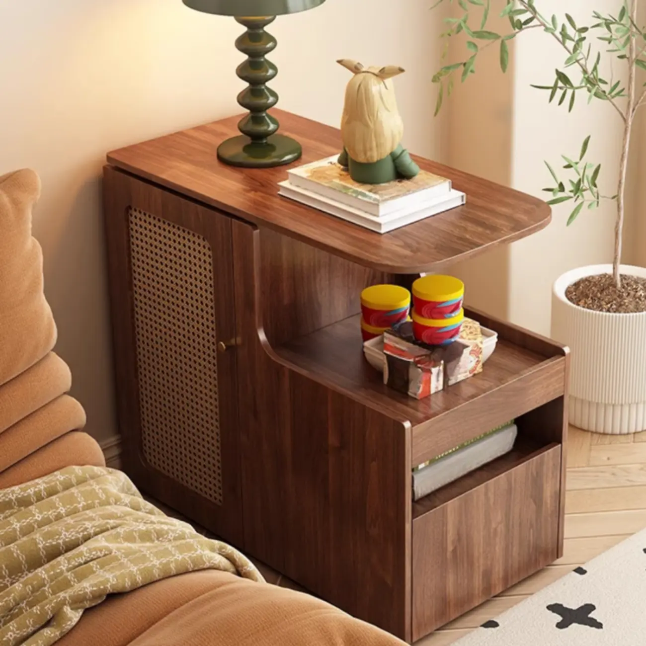 Modern Walnut Wood Rectangular Wheel Side Table Image - 5 | homeyfad