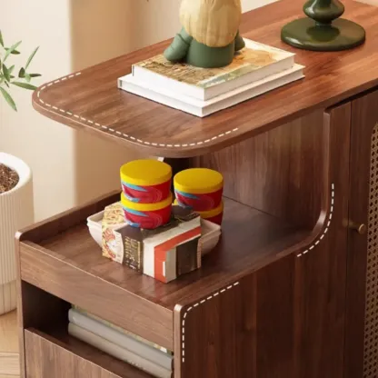 Modern Walnut Wood Rectangular Wheel Side Table Image - 6