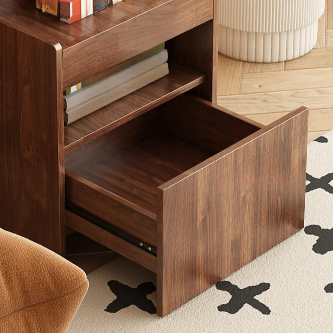 Modern Walnut Wood Rectangular Wheel Side Table Image - 7 | homeyfad