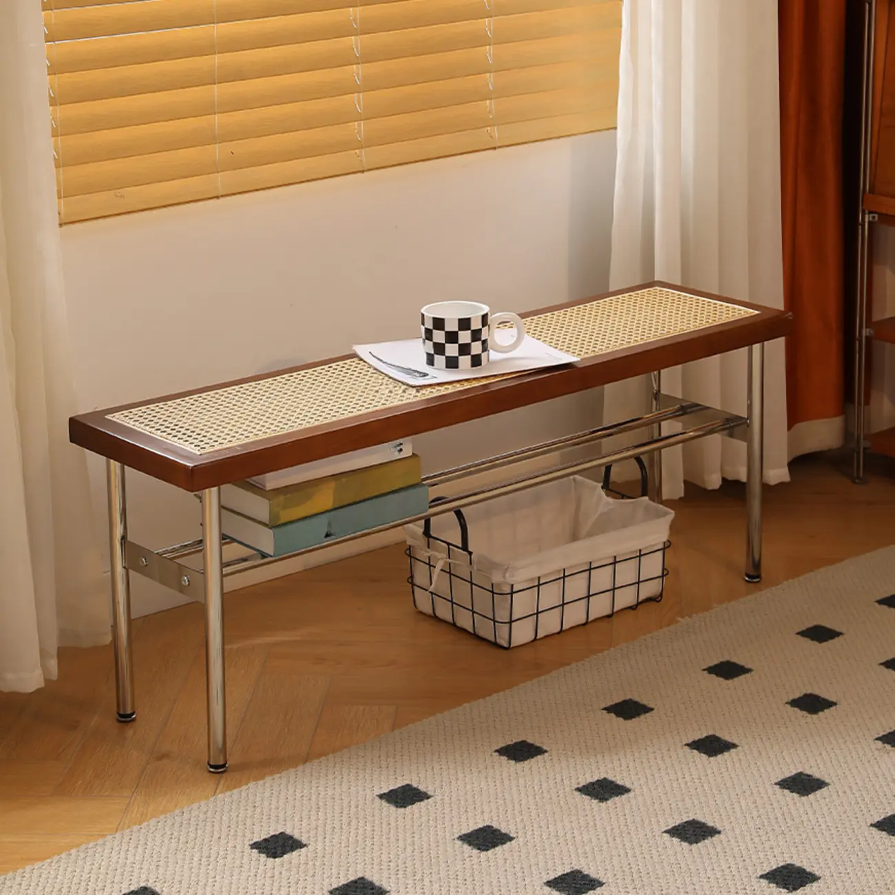Retro Charming Rattan Metal Living Room Bench with Storage Image - 1 | homeyfad