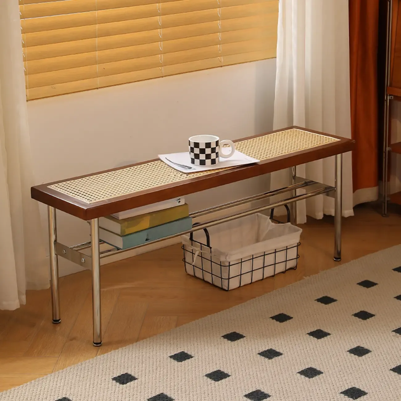 Retro Charming Rattan Metal Living Room Bench with Storage Image - 1