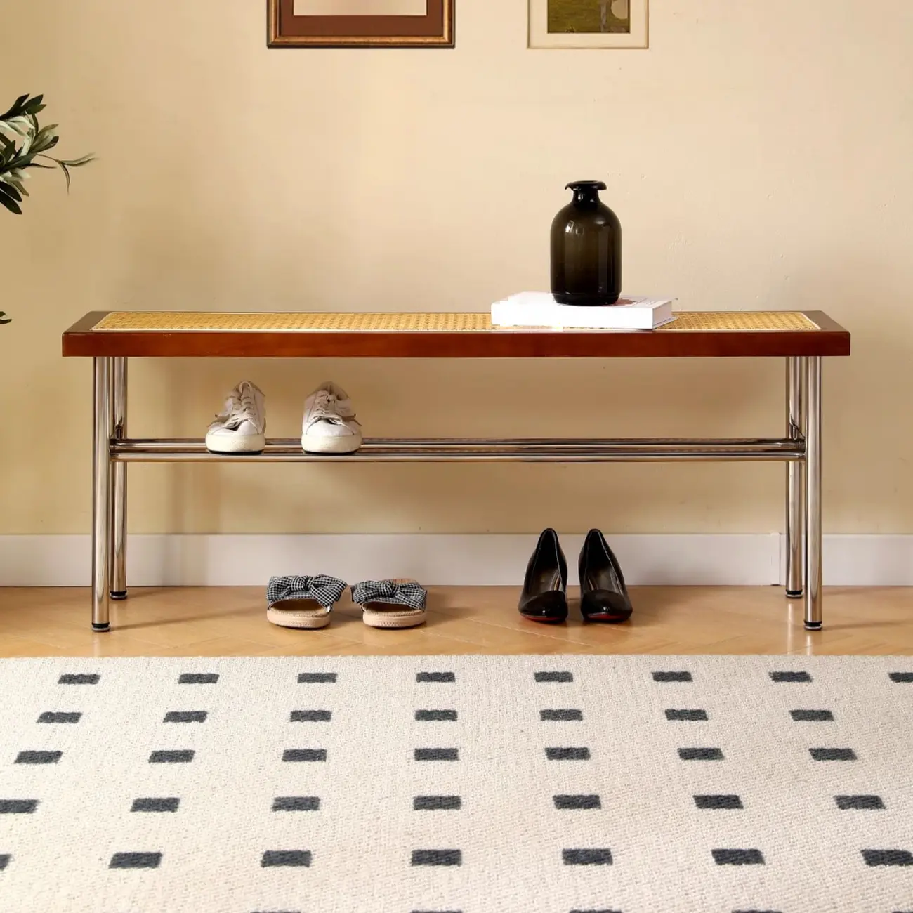 Retro Charming Rattan Metal Living Room Bench with Storage Image - 4 | homeyfad