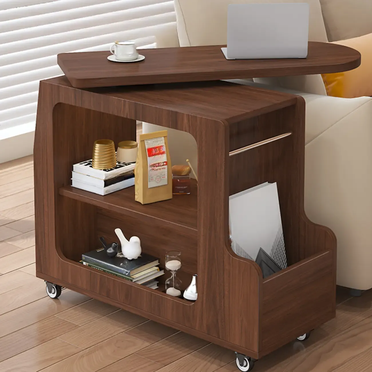 Versatile Modern Brown Half-circle Wheeled Side Table Image - 1