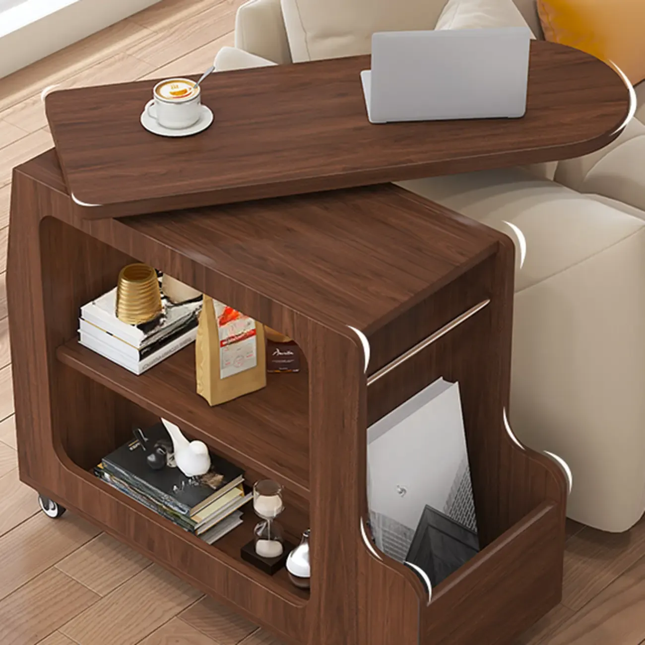 Versatile Modern Brown Half-circle Wheeled Side Table Image - 5