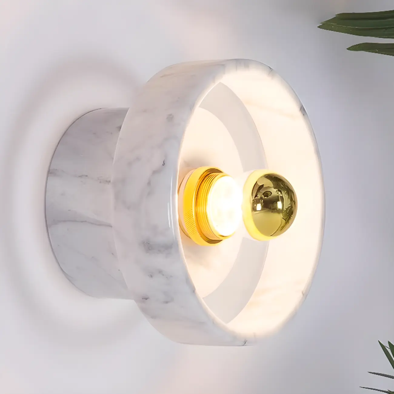 White Stone Round Acrylic Brass Accent Wall Sconce Image - 4 | homeyfad