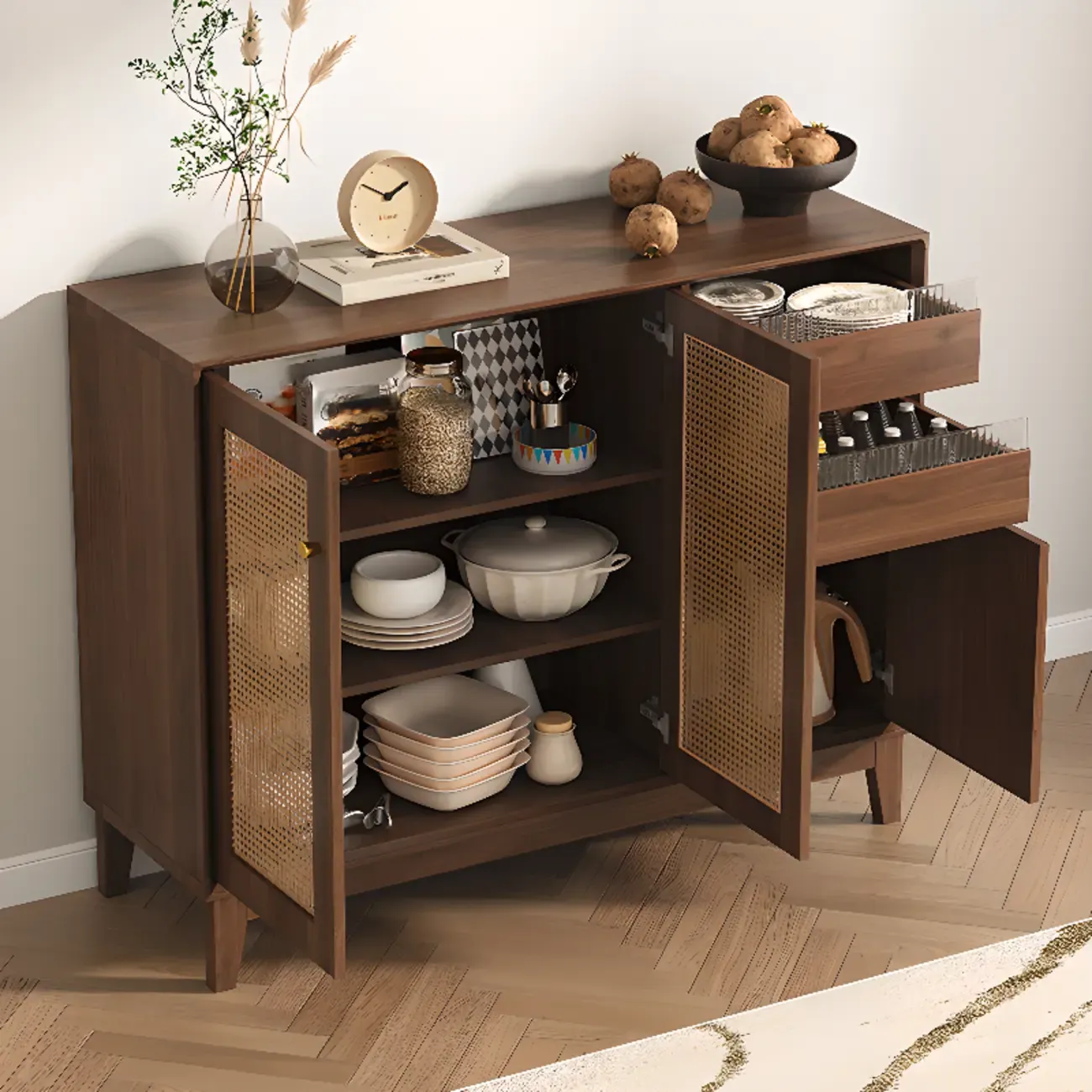 Minimalist Adjustable Shelves Rattan Sideboard with Drawers Image - 2