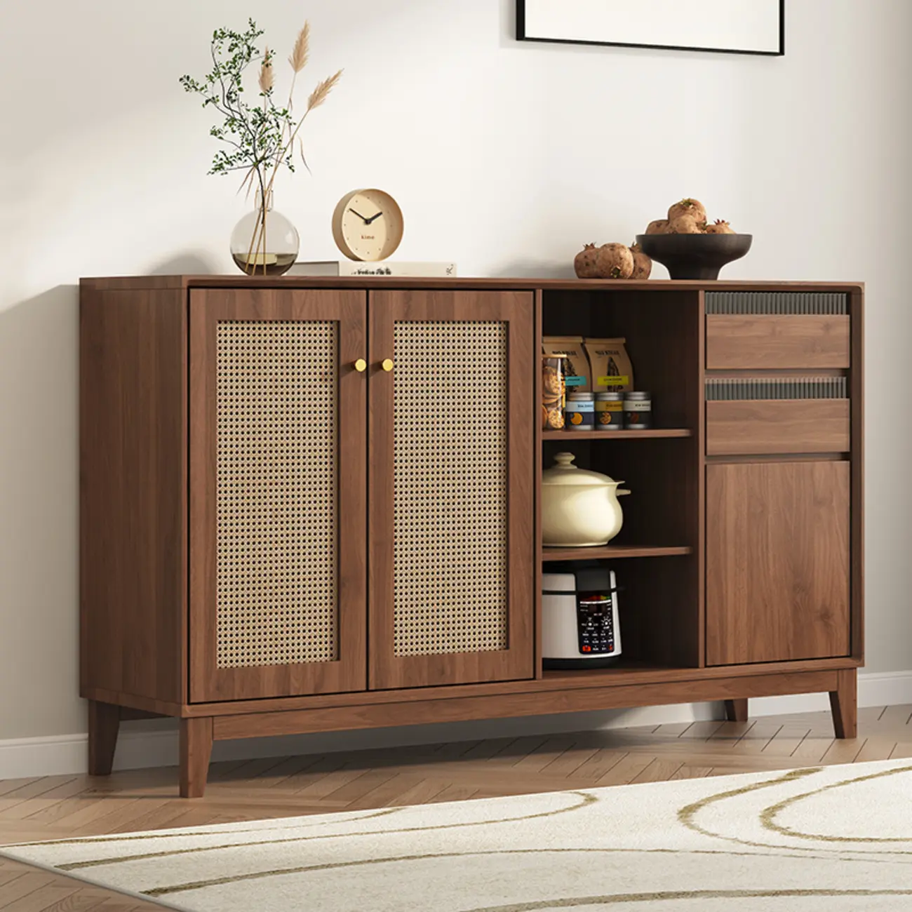 Minimalist Adjustable Shelves Rattan Sideboard with Drawers Image - 5 | homeyfad
