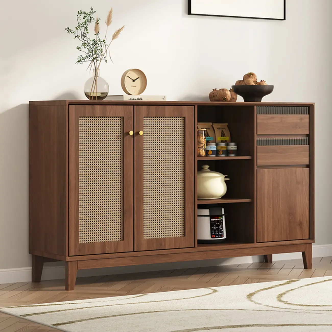 Minimalist Adjustable Shelves Rattan Sideboard with Drawers Image - 5