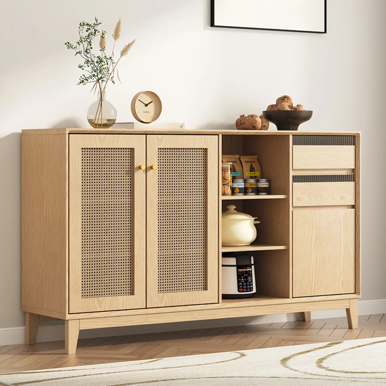 Minimalist Adjustable Shelves Rattan Sideboard with Drawers Image - 11 | homeyfad