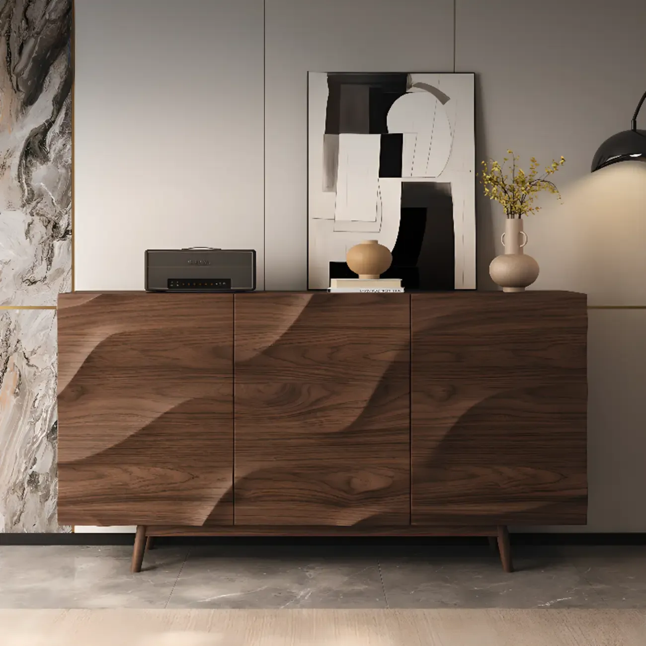 Retro Walnut Corrugated Carved 3 Shelves Wooden Sideboard Image - 1