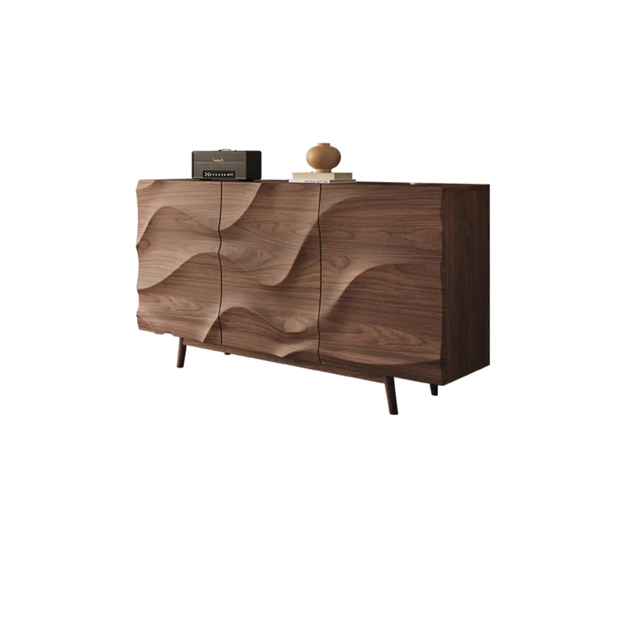 Retro Walnut Corrugated Carved 3 Shelves Wooden Sideboard Image - 9 | homeyfad