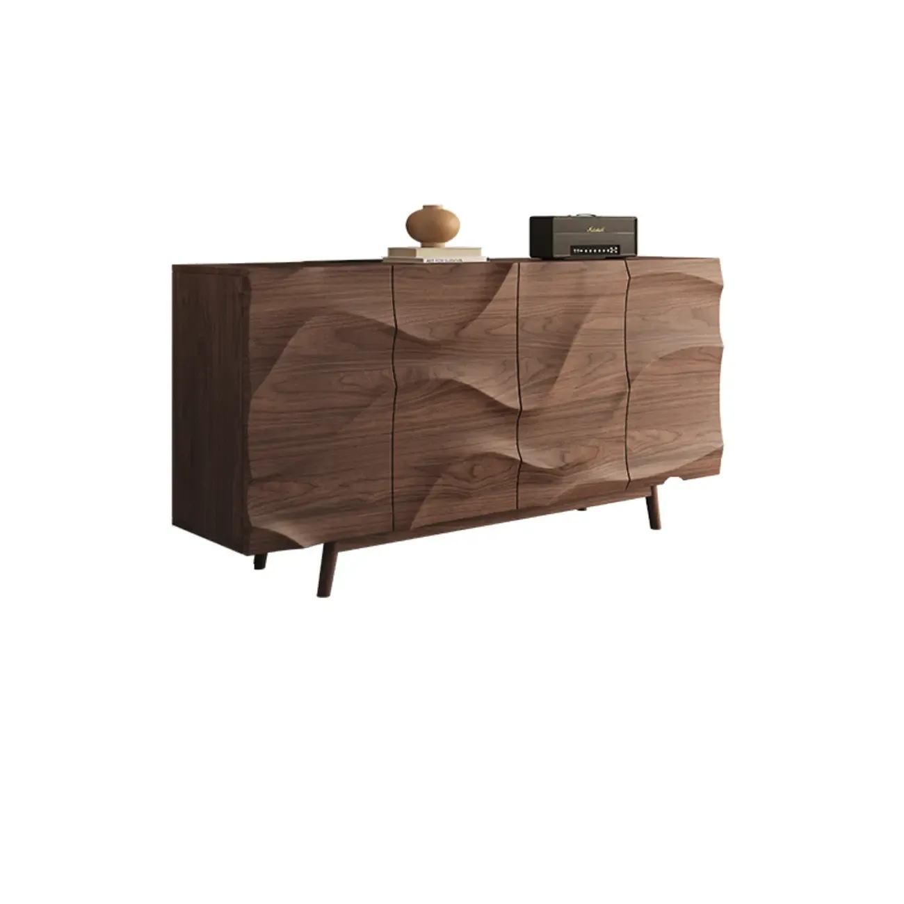 Retro Walnut Corrugated Carved 3 Shelves Wooden Sideboard Image - 7