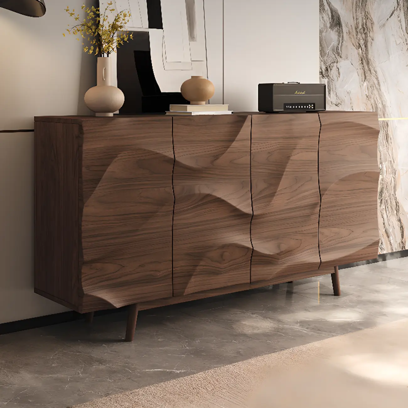 Retro Walnut Corrugated Carved 3 Shelves Wooden Sideboard Image - 3 | homeyfad