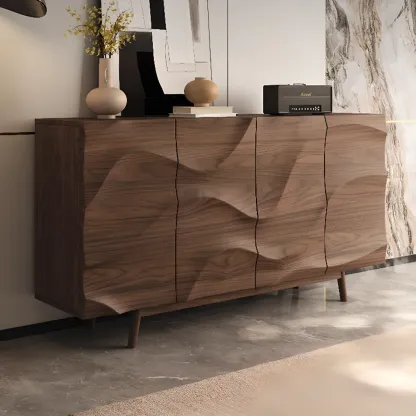 Retro Walnut Corrugated Carved 3 Shelves Wooden Sideboard Image - 3