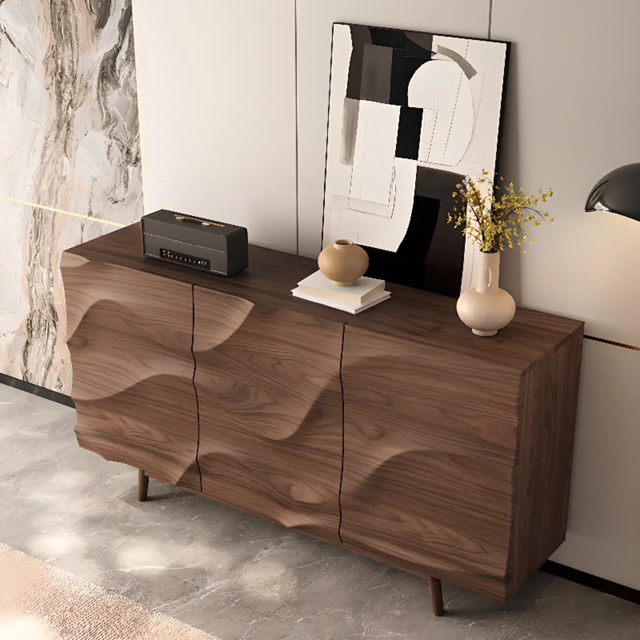 Retro Walnut Corrugated Carved 3 Shelves Wooden Sideboard Image - 10 | homeyfad