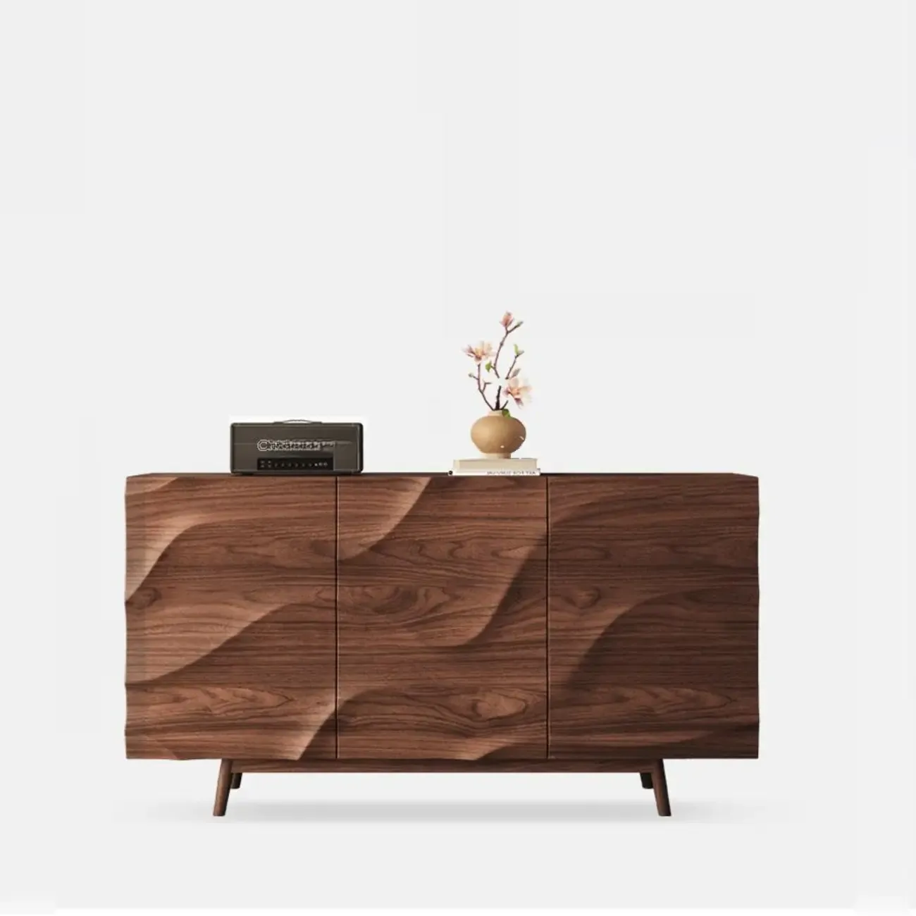Retro Walnut Corrugated Carved 3 Shelves Wooden Sideboard Image - 4