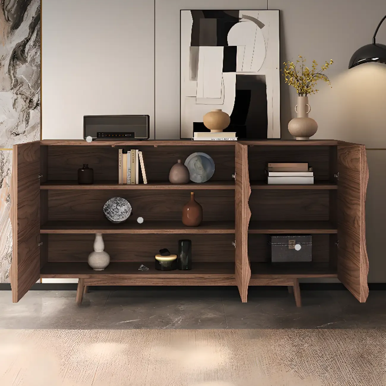 Retro Walnut Corrugated Carved 3 Shelves Wooden Sideboard Image - 2
