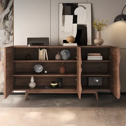 Retro Walnut Corrugated Carved 3 Shelves Wooden Sideboard Image - 2