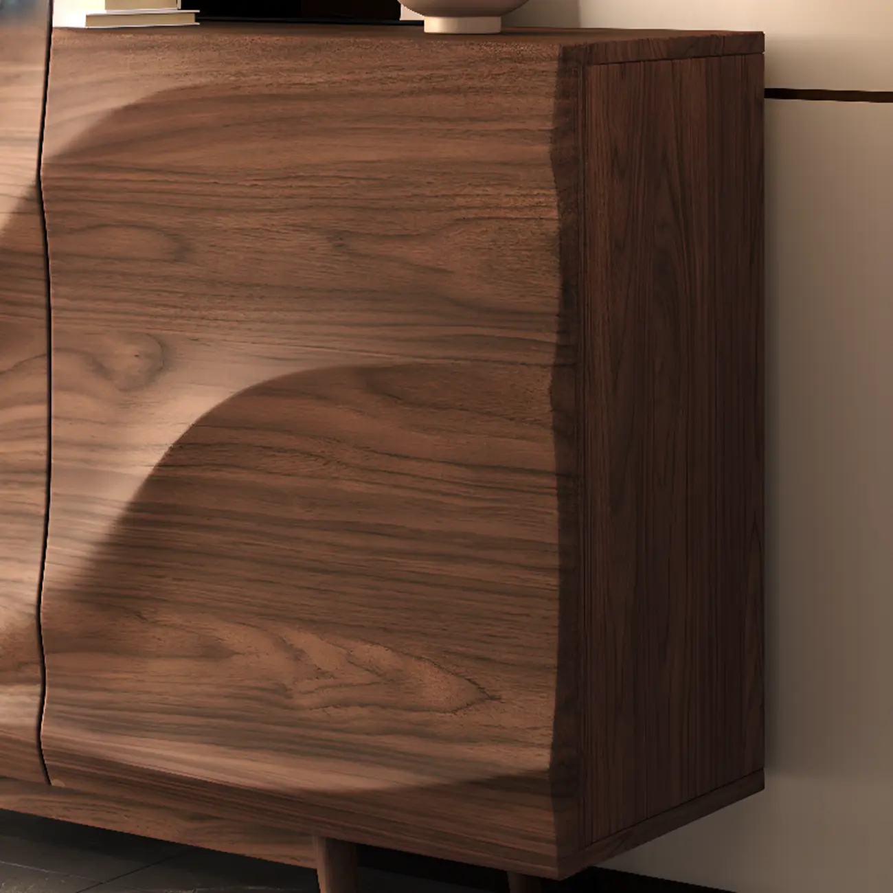 Retro Walnut Corrugated Carved 3 Shelves Wooden Sideboard Image - 8 | homeyfad