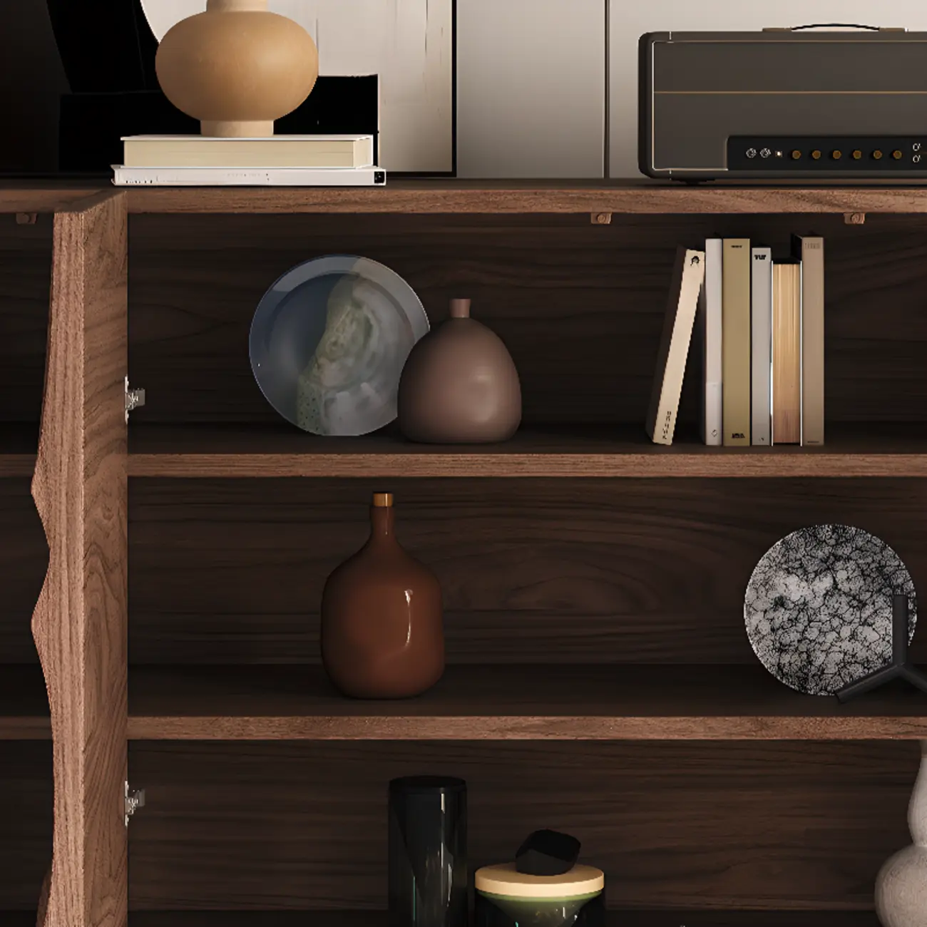 Retro Walnut Corrugated Carved 3 Shelves Wooden Sideboard Image - 11 | homeyfad