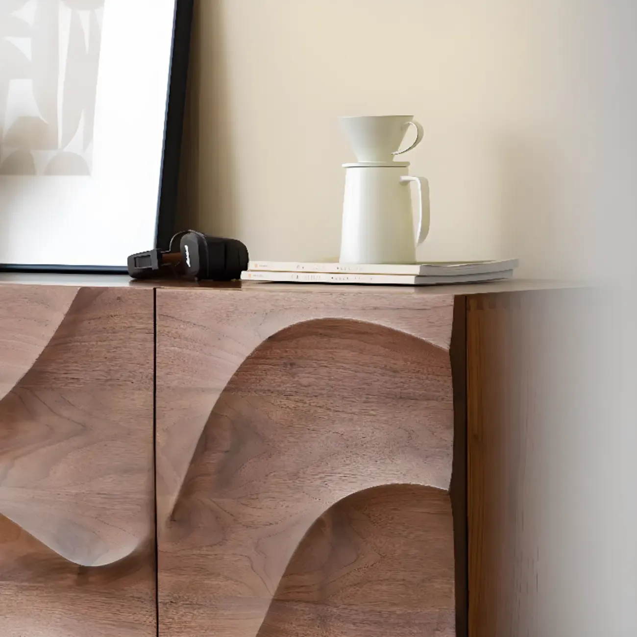 Retro Walnut Corrugated Carved 3 Shelves Wooden Sideboard Image - 12