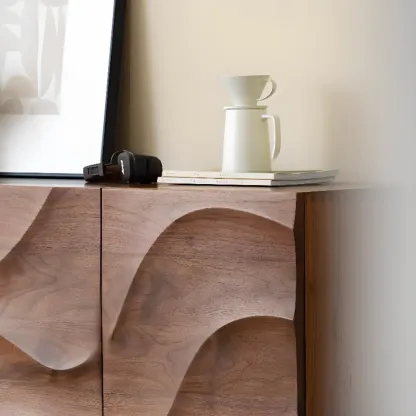 Retro Walnut Corrugated Carved 3 Shelves Wooden Sideboard Image - 12