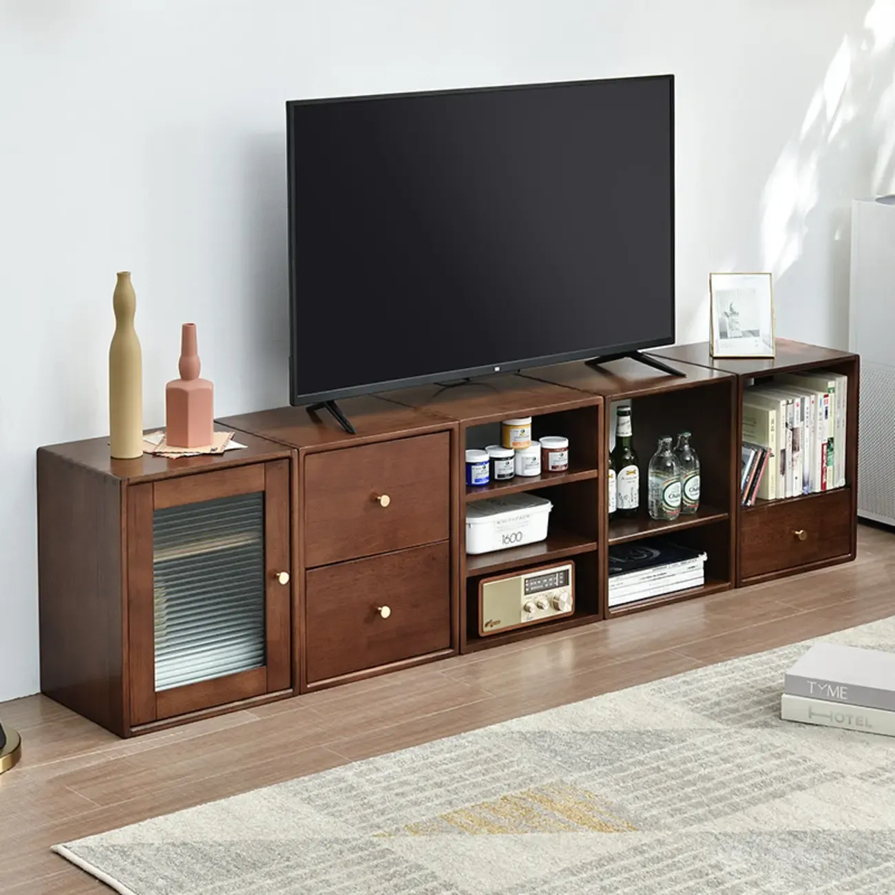 Narrow Modern Wood Brown Vertical Bookcase with Drawers Image - 1